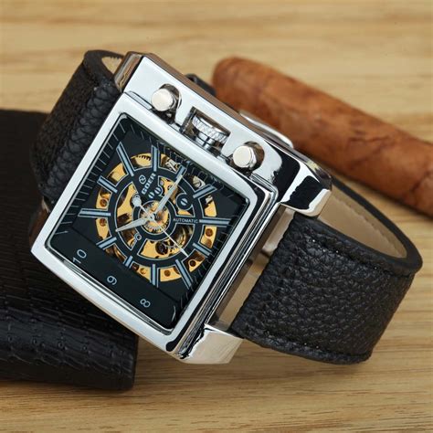 Goer Luxury Brand Rectangle Automatic Mechanical Watches Men Pu Leather