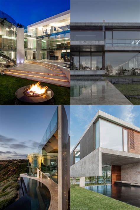 Four Different Views Of A Modern House With Fire Pit And Pool In The