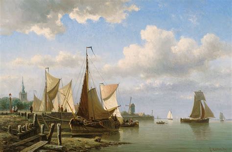 Everhardus Koster Ships Turn On A Quay Of The Schie At Overschie