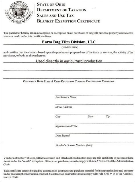 Ohio Farm Sales Tax Exemption Form Tax