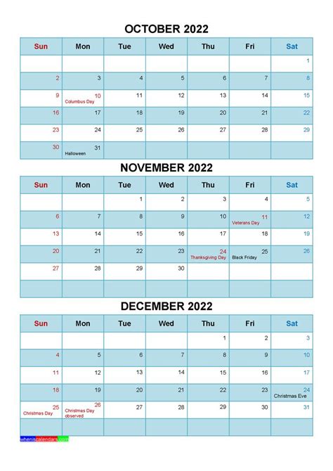 Free October November December 2022 Calendar With Holidays Four