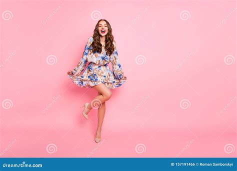 Full Body Photo Of Nice Lady Ready For Prom Night Wear Cute Dress Isolated Pink Background Stock