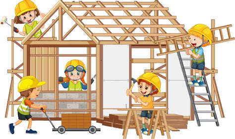 House Construction Site With Cartoon Workers 7208138 Vector Art At Vecteezy