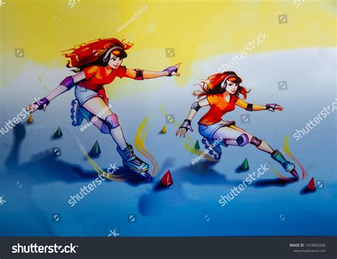 Two Girls Play Sports Roller Skate Stock Illustration 1333860266
