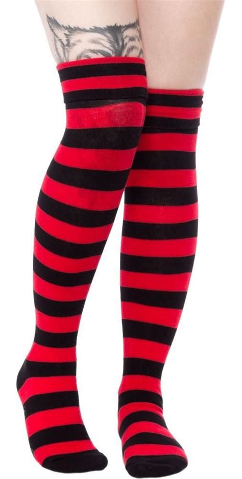 Black And Red Stripe Foldover Socks In 2022 Sock Outfits Black Knee