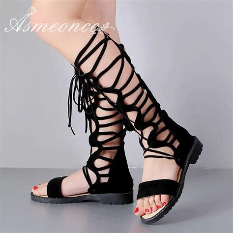 Women Sandals Hollow Sexy Gladiator Lace Up Flats Scrub Open Toe