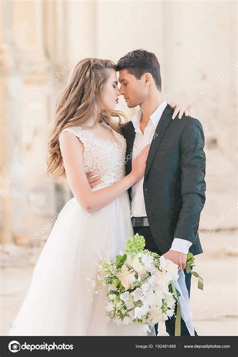 Beautiful Wedding Couple Bride Groom Wedding Day Indoors Old Church