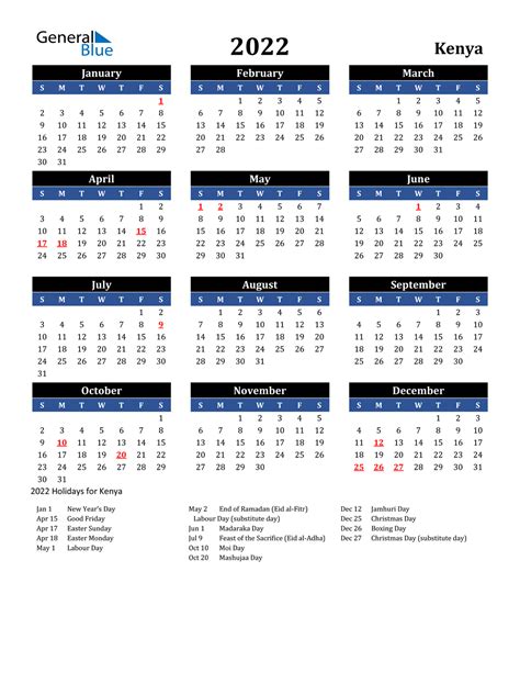2022 Kenya Calendar With Holidays