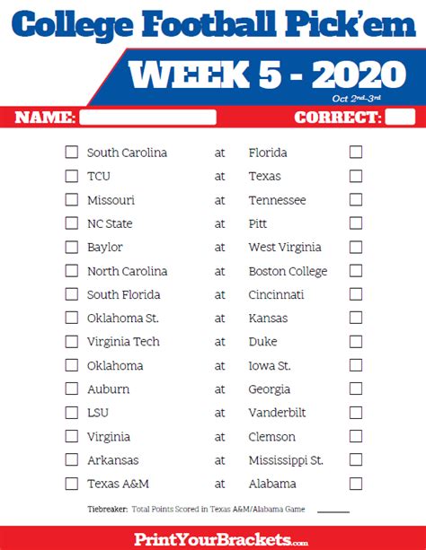 The sportsbooks will set a totals line when compiling ncaaf odds, and you simply have to guess whether the cumulative points will go over or. Printable Week 5 College Football Pick'em Sheets - 2020