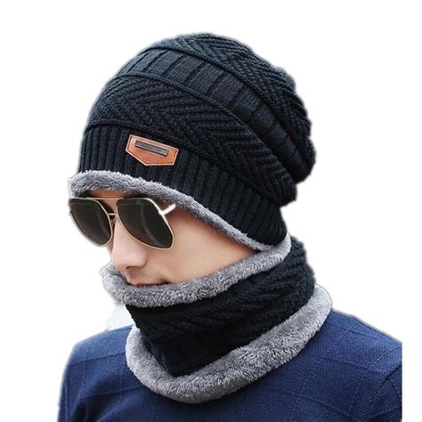 Neck Warmer Winter Hat Knit Cap Scarf Set Fur Wool Lining Thick Warm