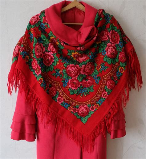 Red Floral Shawl Woolen Russian Scarf With Fringe Slavic Ornament Vintage Traditional Rustic