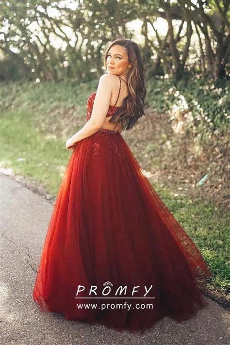 Classic Scarlet Red Lace And Tulle A Line Long Formal Gown Promfy