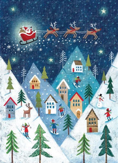 Mountain Christmas Scene Illustration Postales Navidad Acuarela De