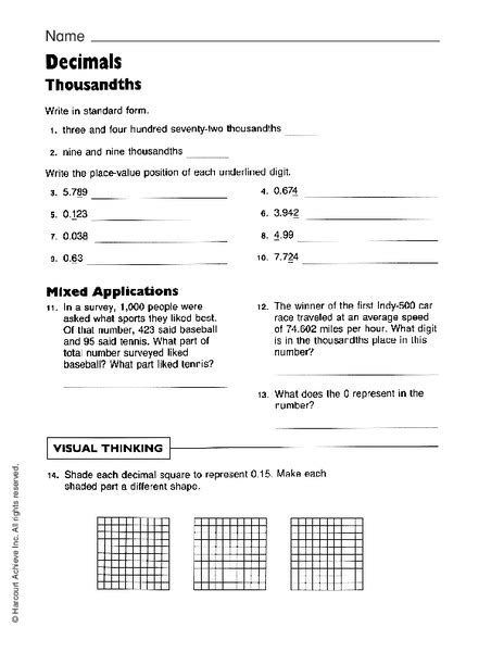 Decimals Thousandths Worksheet For 5th Grade Lesson Planet