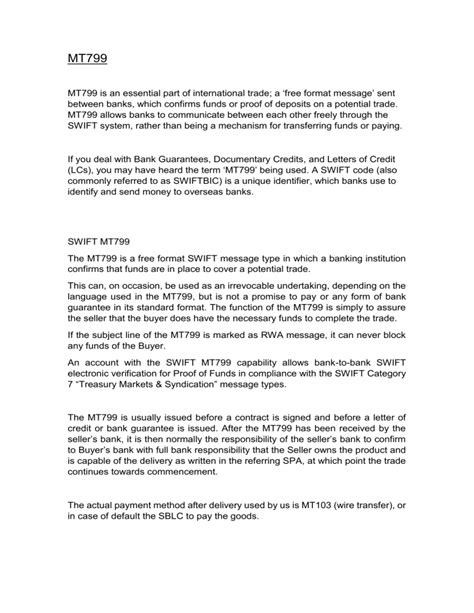 Metodo Bancario Internacional Swift Mt799