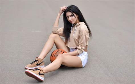 Wallpaper Maksim Romanov Sitting Sneakers Nike Ball Shorts Portrait Women Outdoors