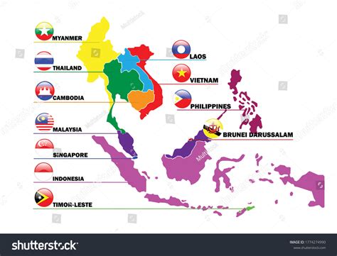 Map Southeast Asian Countries National Flag Stock Vector Royalty Free