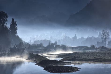 Foggy Shore Of A Lake With Forests At Night Stock Image Image Of