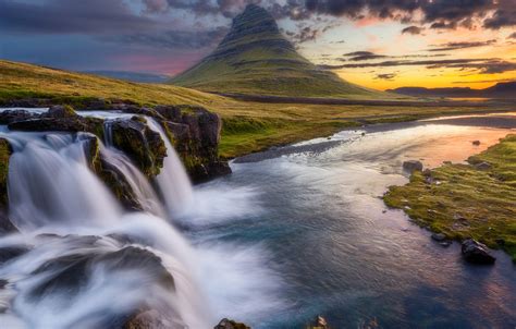 Wallpaper The Sky Clouds Sunset River Mountain Waterfall Iceland