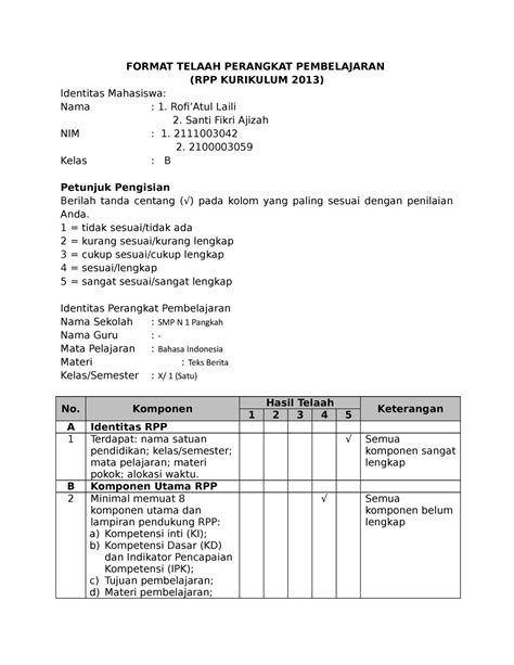 Format Penilaian Perangkat Pembelajaran Format Telaah Perangkat