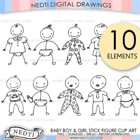 Baby Boy And Baby Girl Stick Figure People Clip Art Set