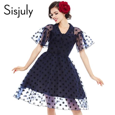 buy sisjuly vintage dress women polka dot chiffon dress short sleeve turn down