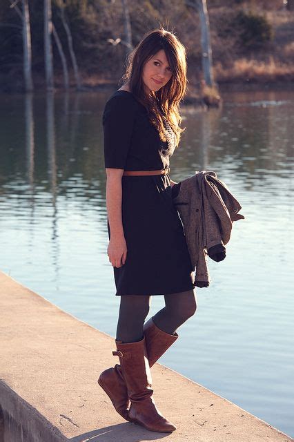 Do This With My Black Dress Brown Bootsbelt And Tights Fashion