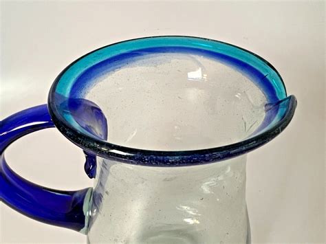 Vtg Mexican Hand Blown Glass Pitcher Cobalt Blue Rim And Handle Ebay