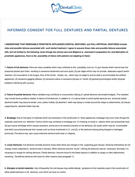 . included in a written informed consent form for participants to read and . discuss with their families and doctors. Dentures Consent Form - Dental Form Templates by iPEGS