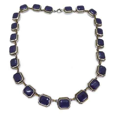 Image Of Vintage Art Deco Deep Blue Glass Framed Silver Tone Necklace
