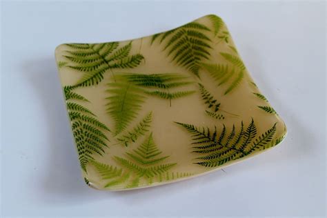 Fused Glass Plate With Opal Glass And Fern Decals Fused Glass Plates Fused Glass Glass Plates
