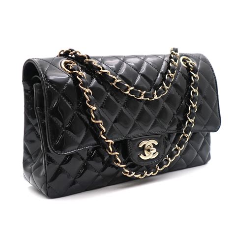Chanel Classic Black Patent Leather Quilted Medium Double Flap Bag