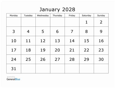 Printable January 2028 Calendar
