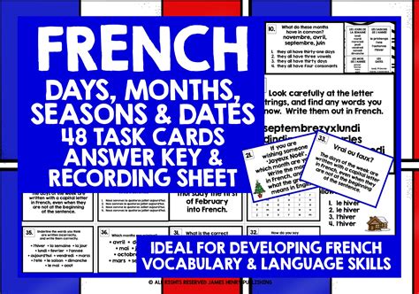French Days Months Seasons Dates Task Cards Teaching Resources