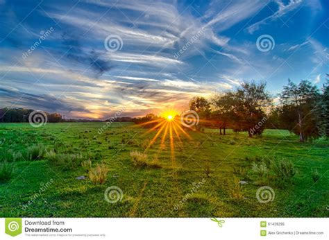 Sun Setting Over Country Farm Land In York South Carolina Stock Image