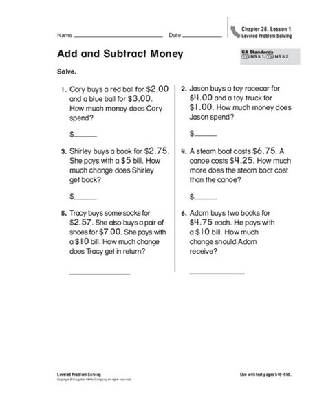 Add And Subtract Money Worksheet For 2nd 3rd Grade Lesson Planet