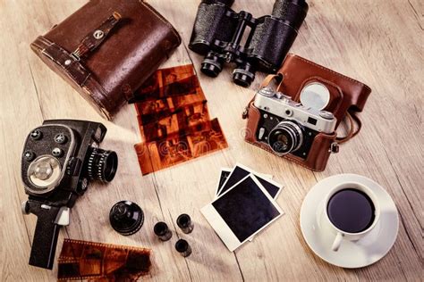Vintage Cameras And Binoculars On Table Stock Photo Image Of Camera
