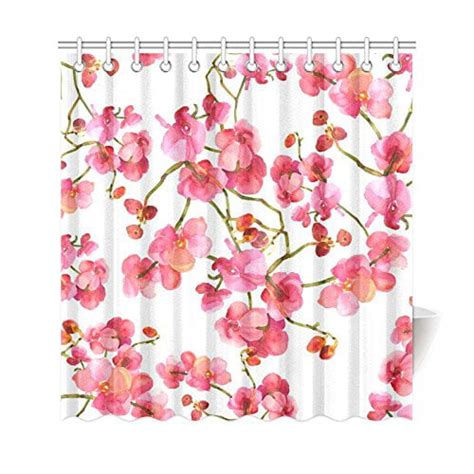 Artjia Pink Floral Shower Curtain Orchid Flowers Polyester Fabric