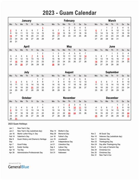 2023 Guam Calendar With Holidays
