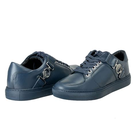 Versace Collection Mens Blue Leather Fashion Sneakers Shoes