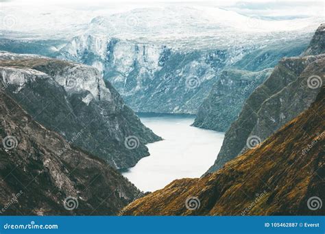 Fjord And Mountains Naeroyfjord Landscape Aerial View Stock Image