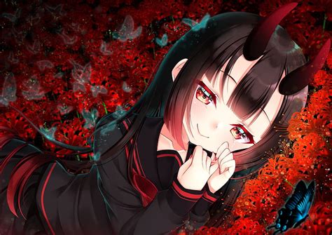 1080p Free Download Anime Girl Horns Black Hair Smiling Teary