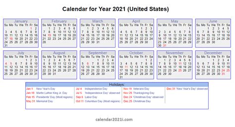 2021 Calendar With Holidays