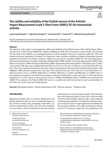 The Validity And Reliability Of The Turkish Version Of The Arthritis