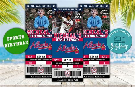 Editable Atlanta Braves Birthday Ticket Invitations Diy Createpartylabels