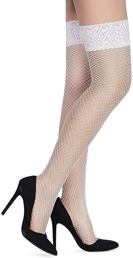 Sexy White Fishnet Hold Up Stockings With Lace Top Amazon Co Uk Clothing