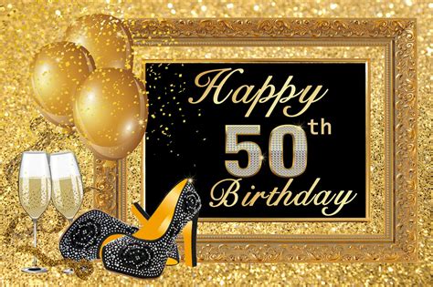 10x8ft Happy 50th Birthday Golden Balloons Cup Vinyl Background Studio