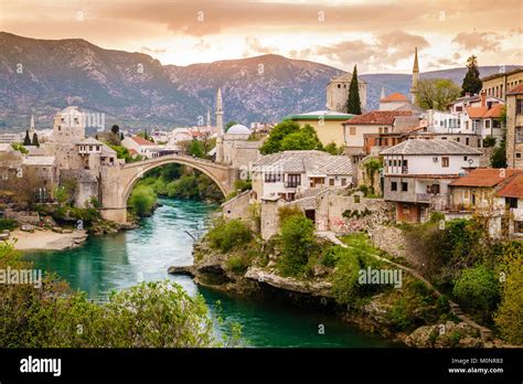 Scenic View Of The City Of Mostar And The Neretva River Bosnia Stock