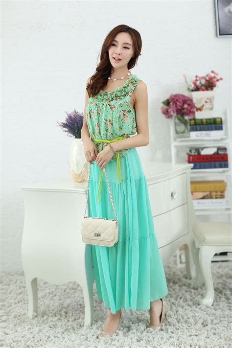 Wholesale Elegant Korean Casual Women Floral Printing Green Chiffon Maxi Dress Zme032606ge