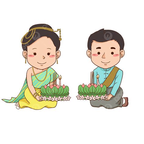 รูปเทศกาลลอยกระทงของไทย ตัวการ์ตูนสไตล์ เด็กชายและเด็กหญิงน่ารัก